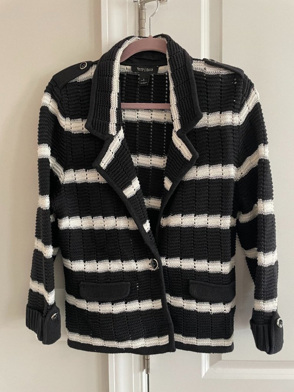 White House Black Market Black & White Stripe Shimmer Sweater Jacket - SZ L